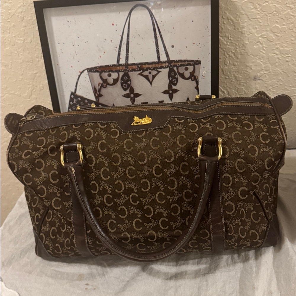 Celine Brown Monogram Luggage/Bag with Gold Horse Carriage Motif Emblem